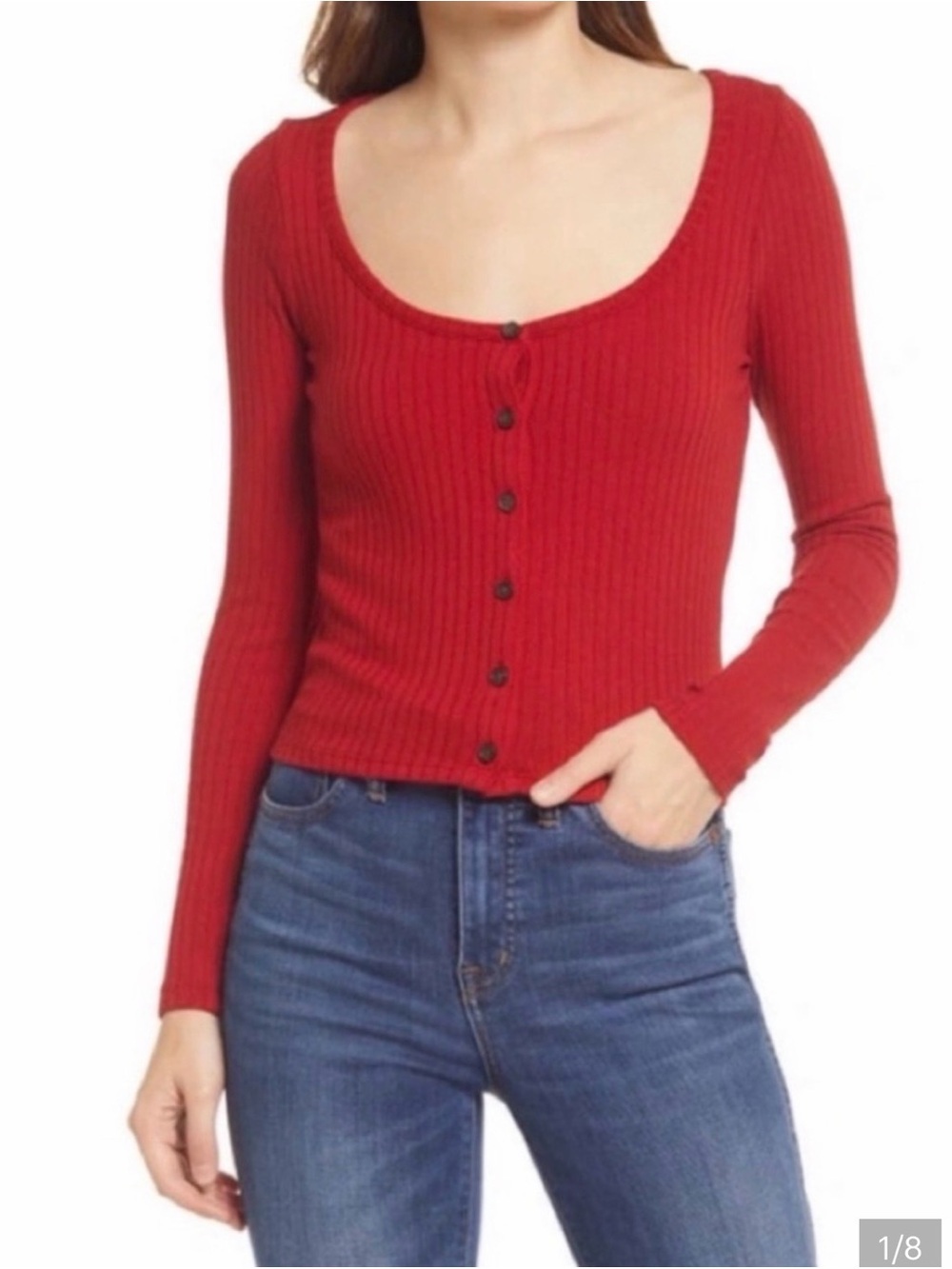 Madewell Red Ribbed Scoop-Neck Button-Front Top